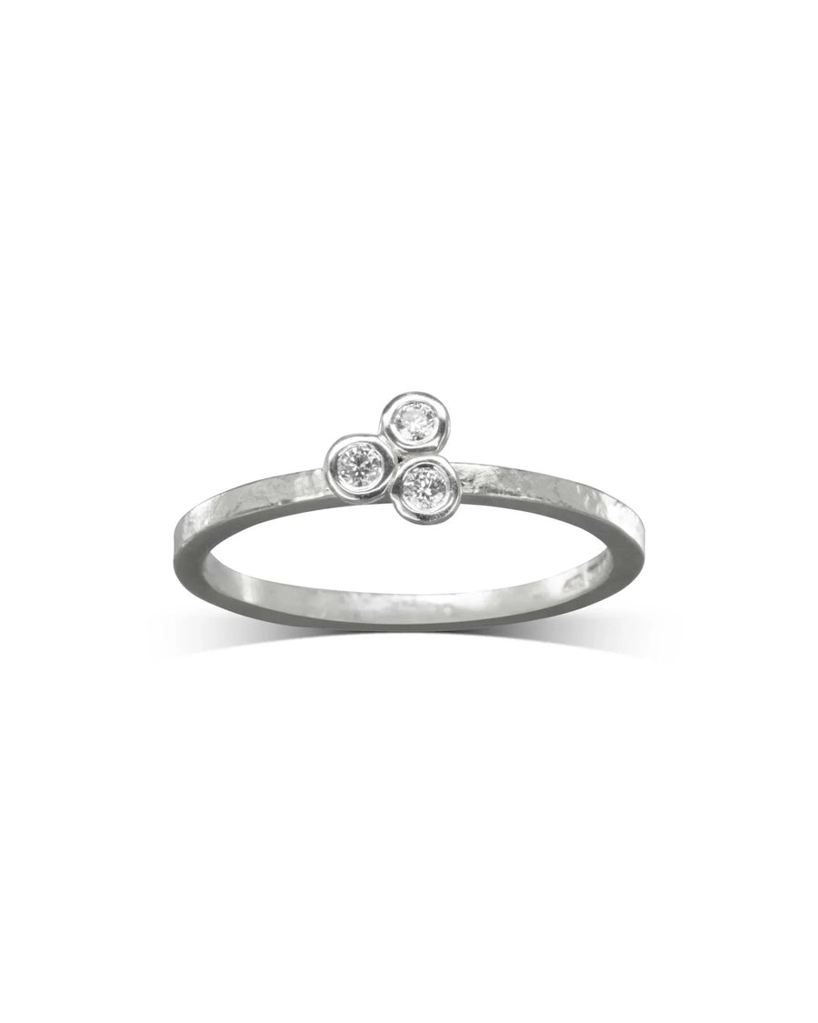 9ct white gold ring with three round diamonds in a trefoil design.
