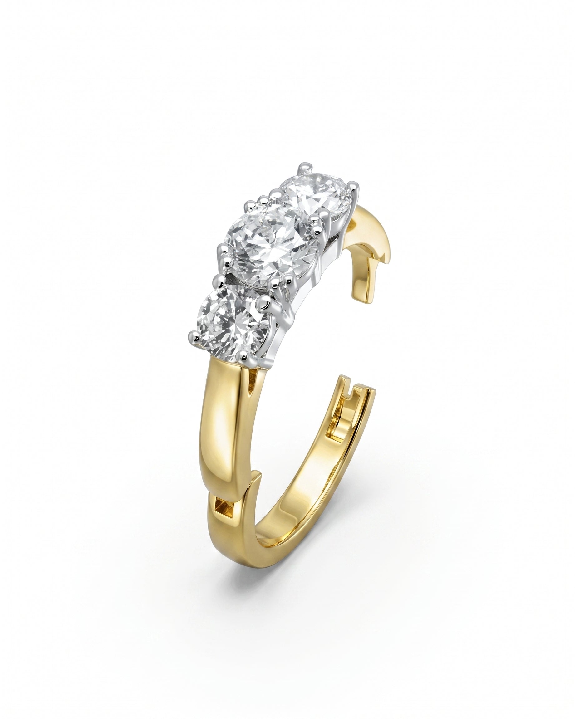 Gold hinged engagement ring with three round diamonds.