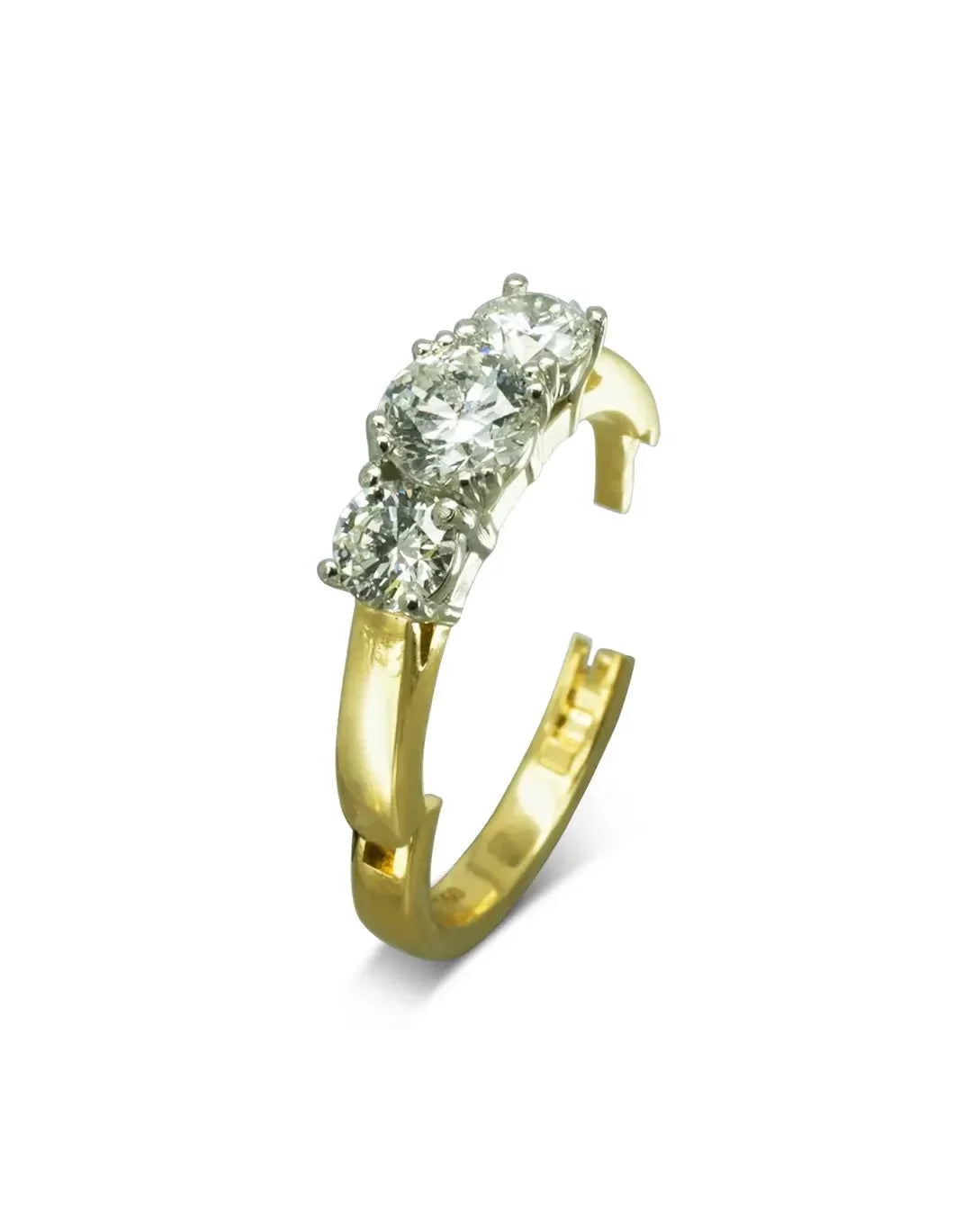 Yellow gold hinged engagement ring with three round diamonds.