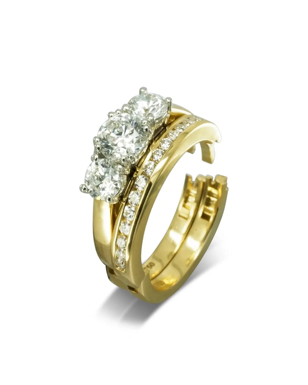 Trilogy Diamond Hinged Engagement Ring Ring Pruden and Smith 18ct yellow gold band with platinum claws