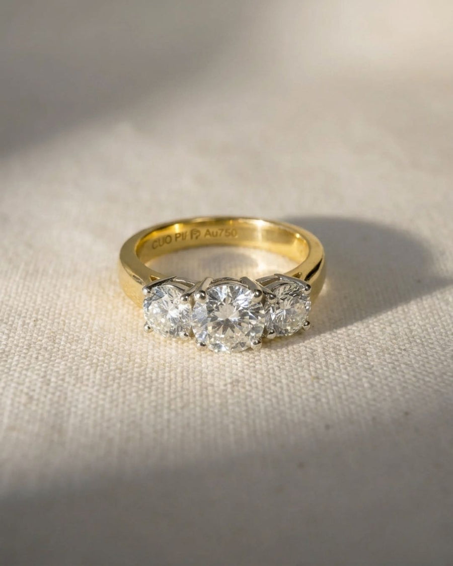 Platinum and 18ct yellow gold hinged engagement ring with three round diamonds.