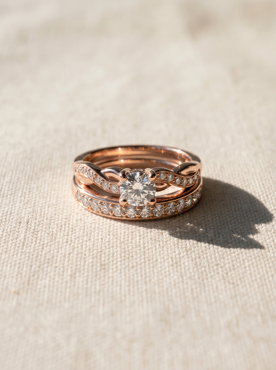 Rose gold engagement ring and wedding band set with a round diamond and pavé-set stones on a textured surface.