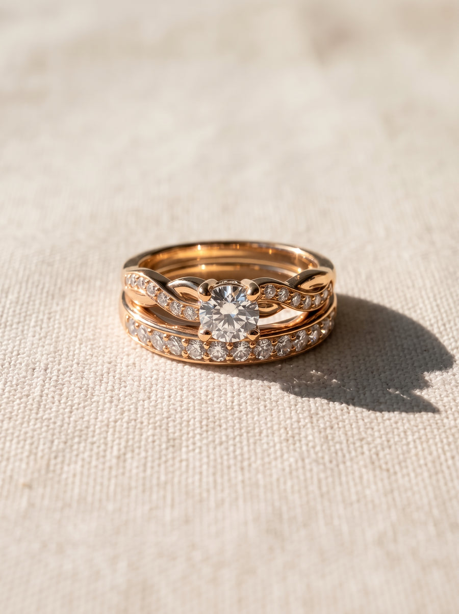 Rose gold engagement ring and wedding band set with a round diamond and pavé-set stones in a twisted design.