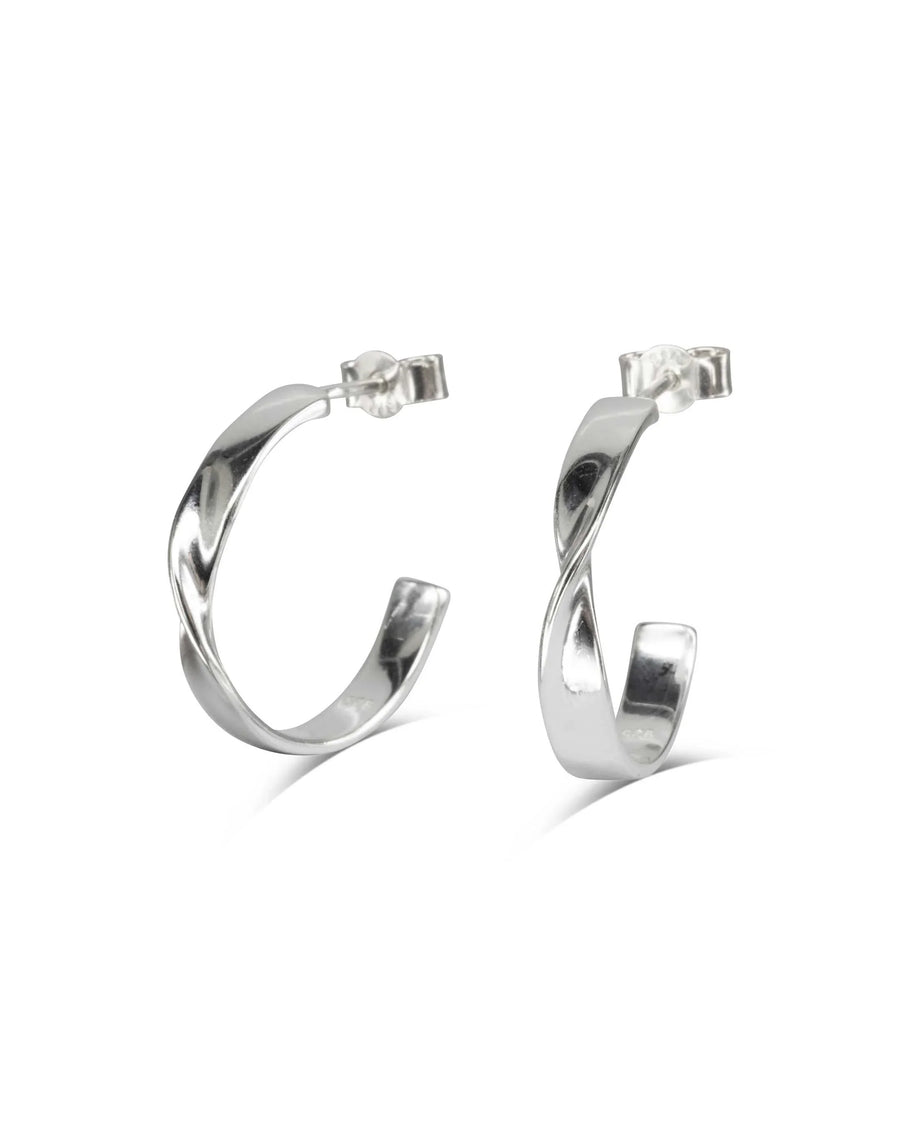 Sterling silver twisted hoop earrings with a polished finish on a white background