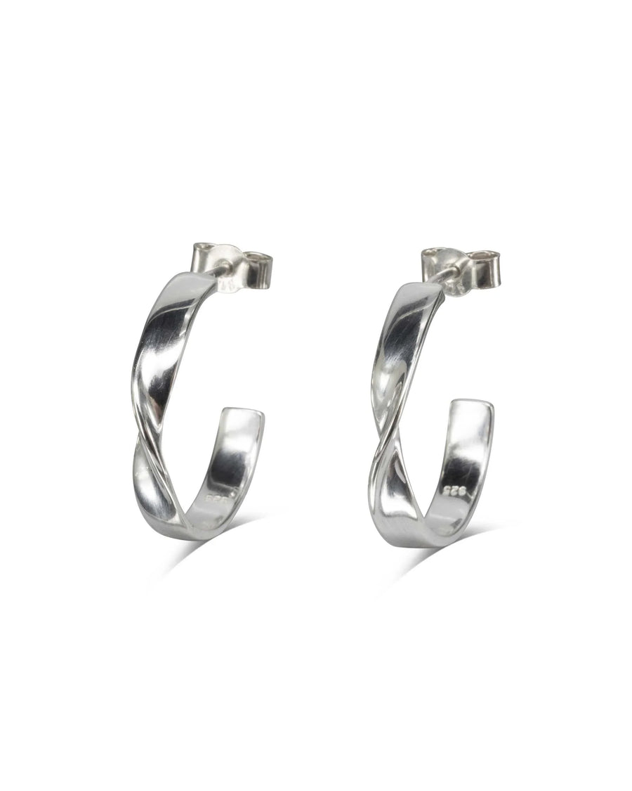 Sterling silver hoop earrings with a modern twist design on a white background.