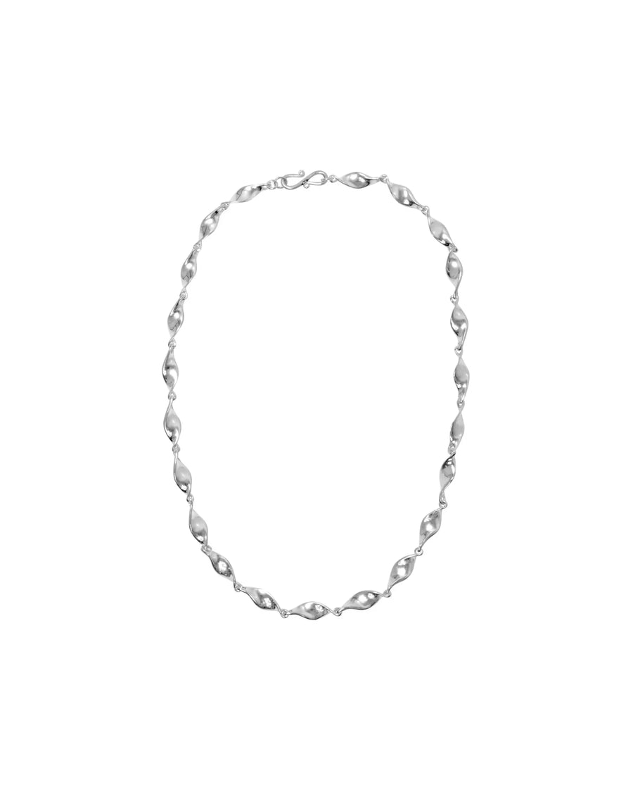 Handmade silver twist necklace with organic, sculpted links on a white background