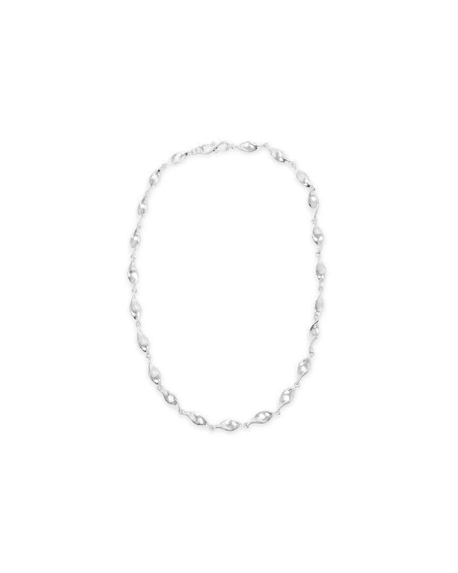 Handmade small twist silver necklace with organic, textured links on white background