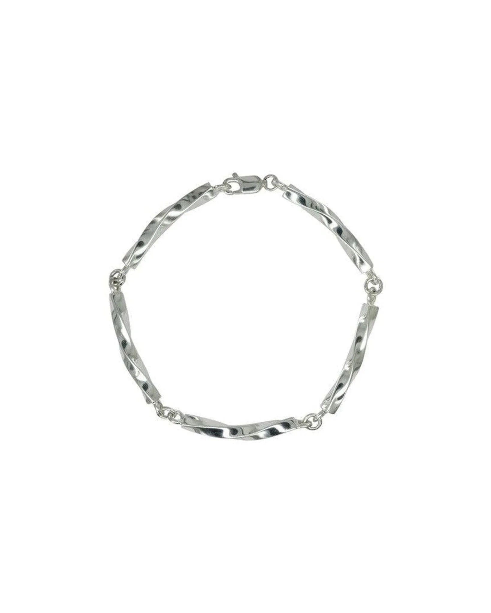 Handmade twisted silver bar bracelet with polished finish on white background