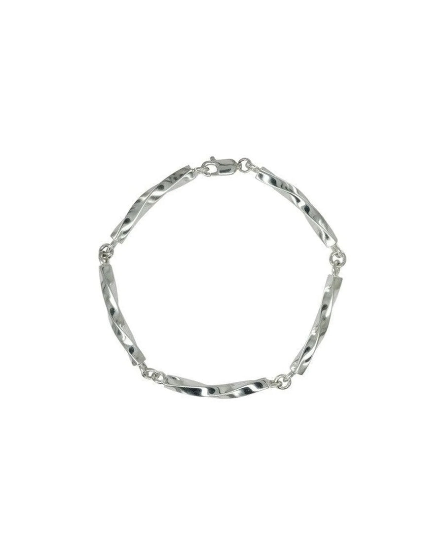 Handmade twisted silver bar bracelet with polished finish on white background