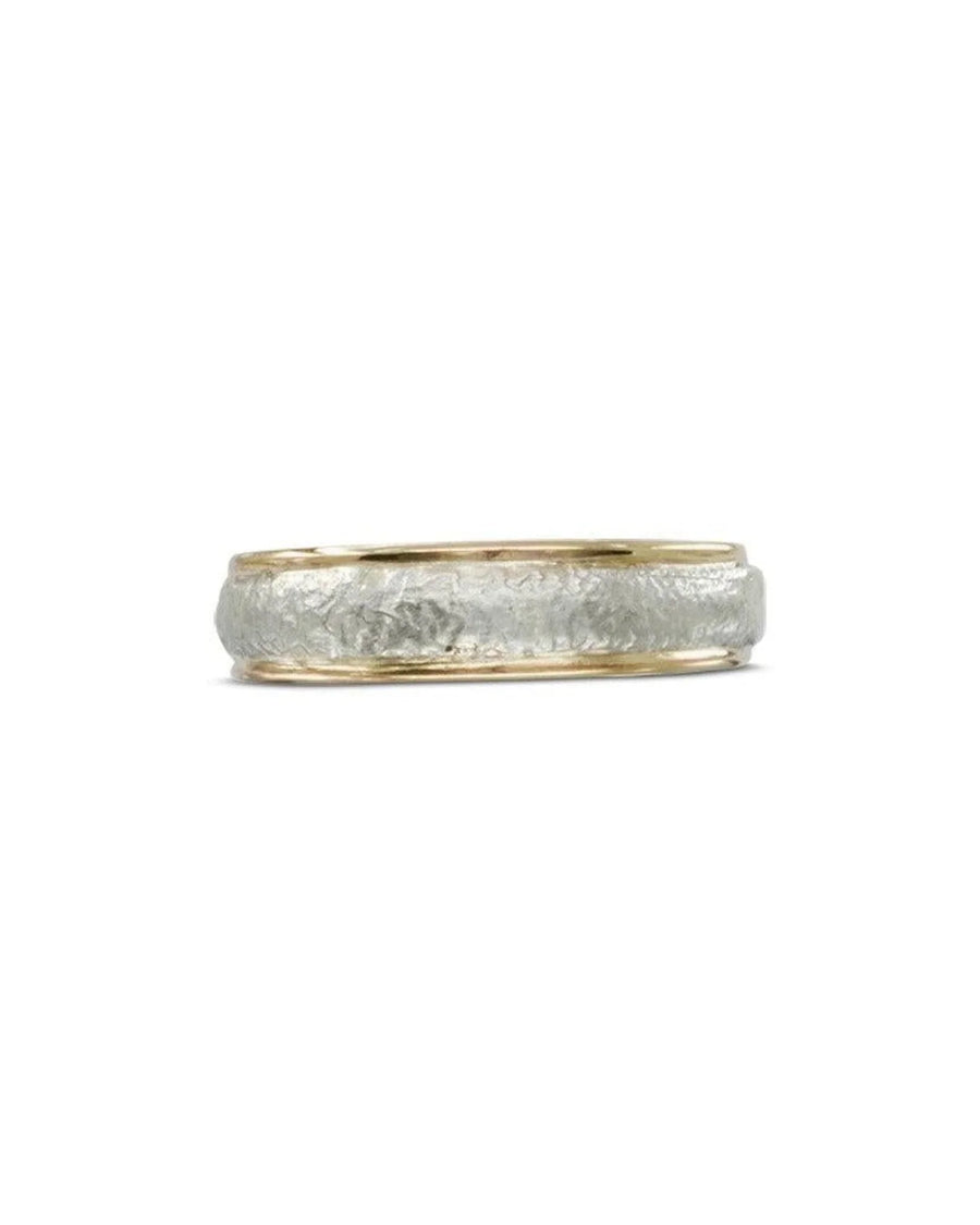 Textured two-tone wedding band with organic silver and gold design, handmade luxury jewelry