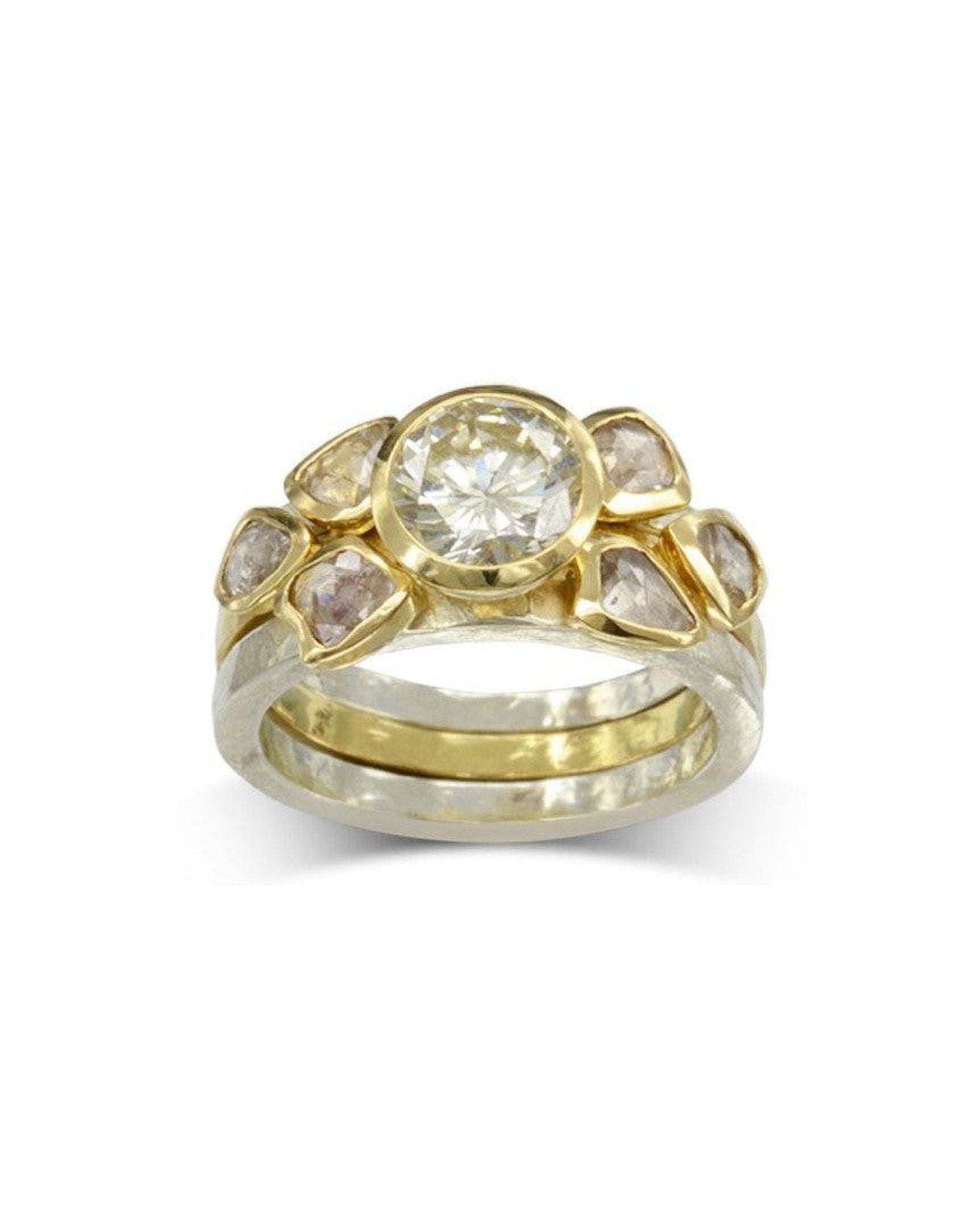 Two Tone Round Brilliant and Rough Diamond Stacking Ring Set Ring Pruden and Smith