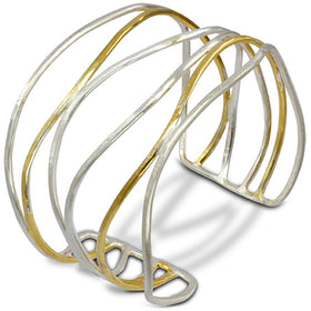 Gold Rough Hammered Six Strand Cuff Bangle Bangle Pruden and Smith 9ct White Gold and Yellow Gold  