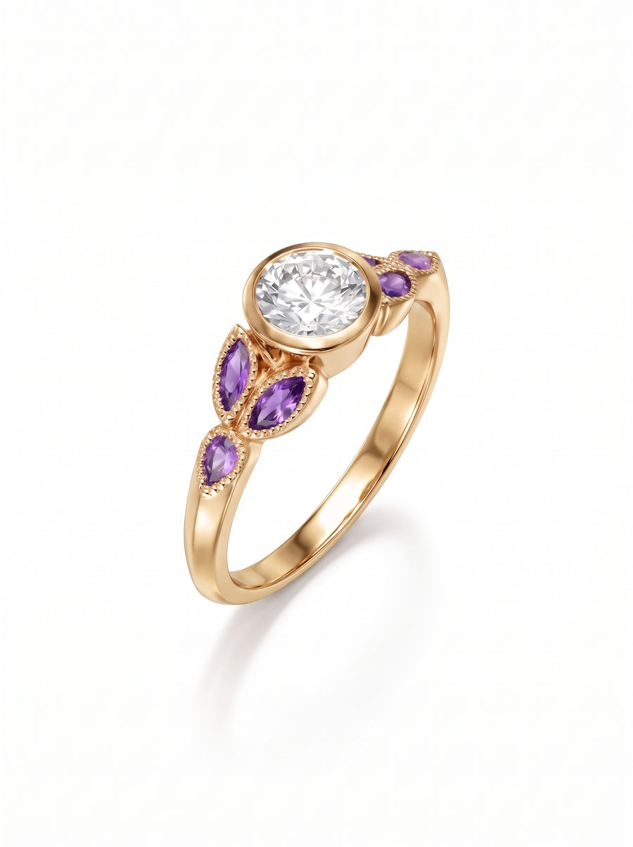 Rose gold engagement ring with a round center diamond and marquise-cut purple amethyst side stones.