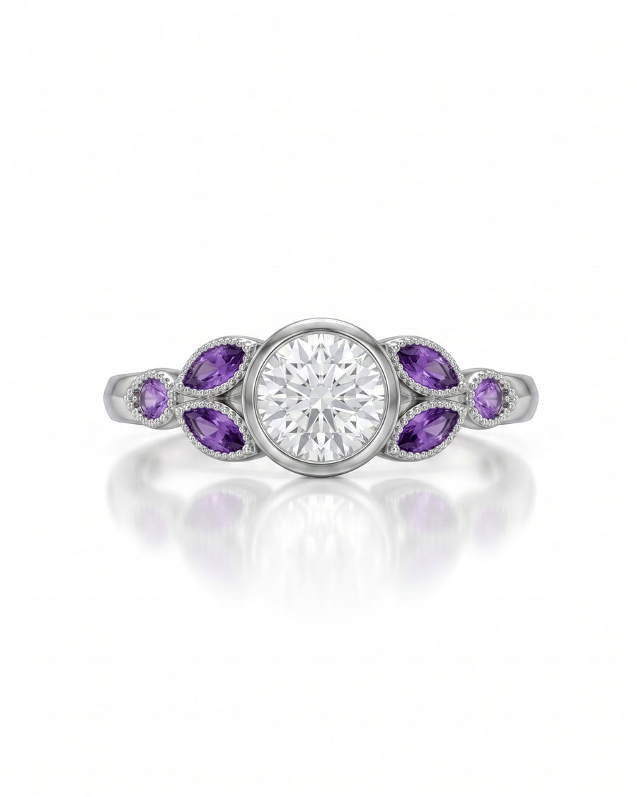 Silver ring with a round diamond center and marquise-cut amethyst side stones.