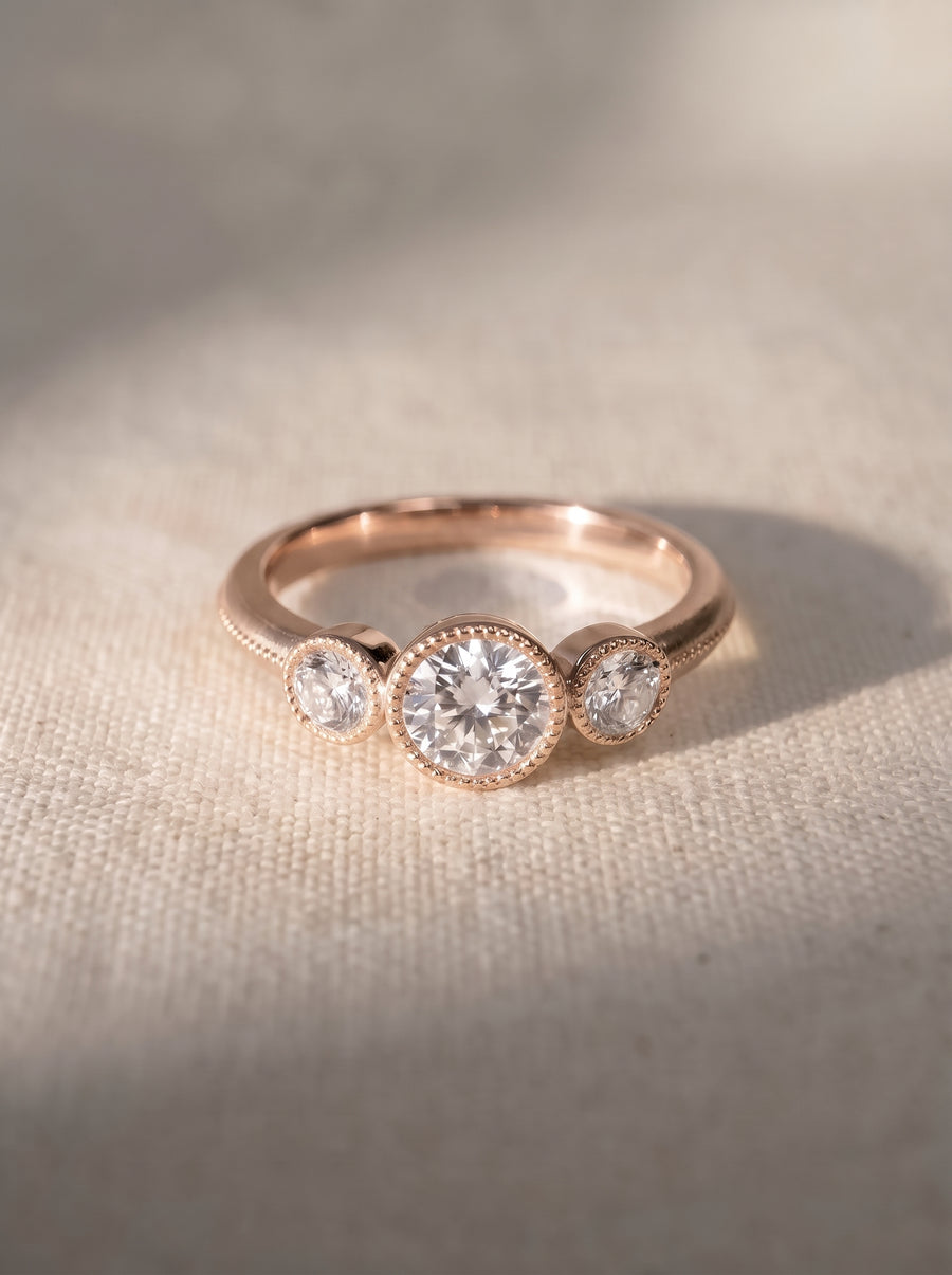 Rose gold trilogy engagement ring featuring three round diamonds in milgrain bezel settings on a textured fabric.
