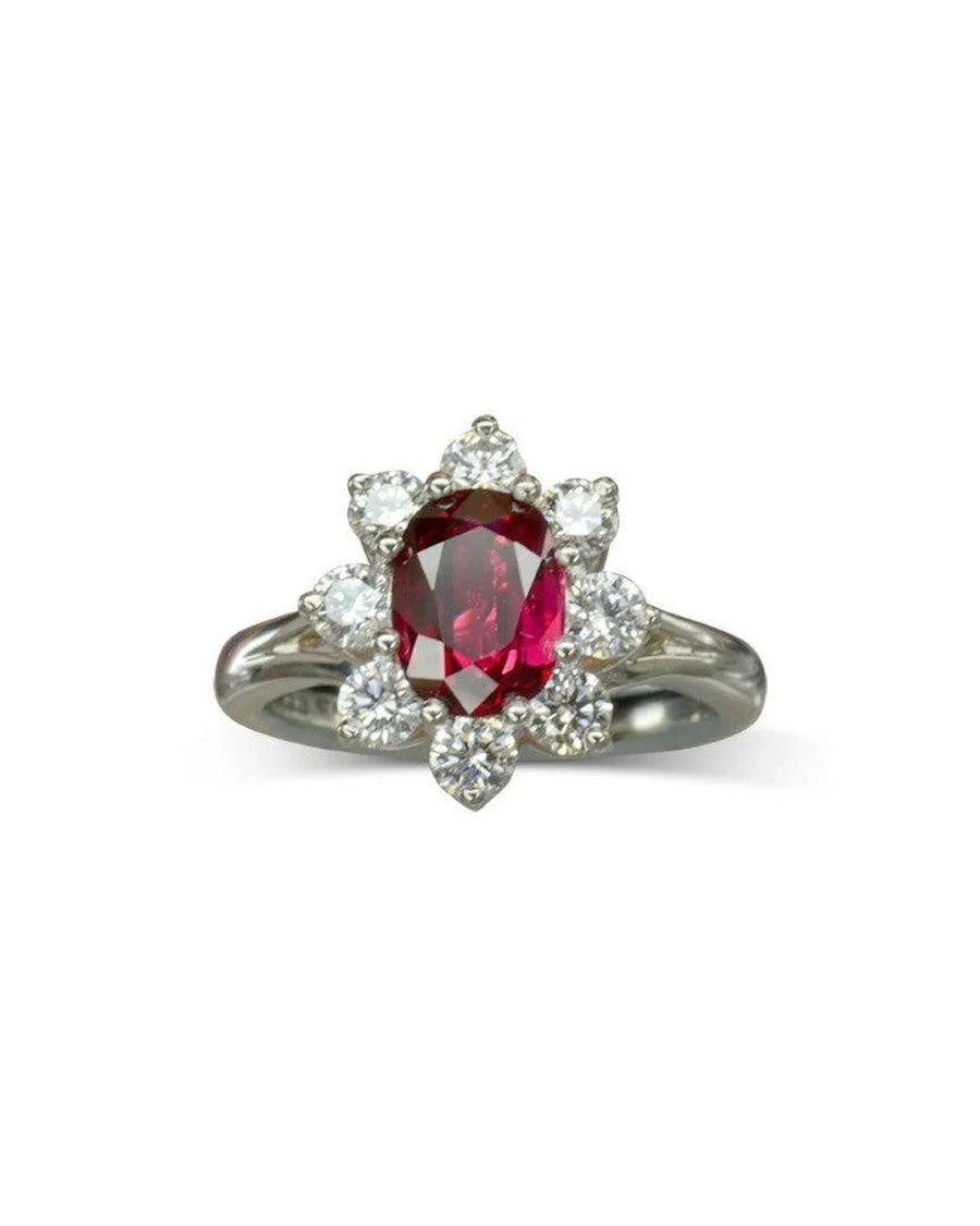 Vintage Platinum Ruby and Diamond Cluster Ring Ring Pruden and Smith