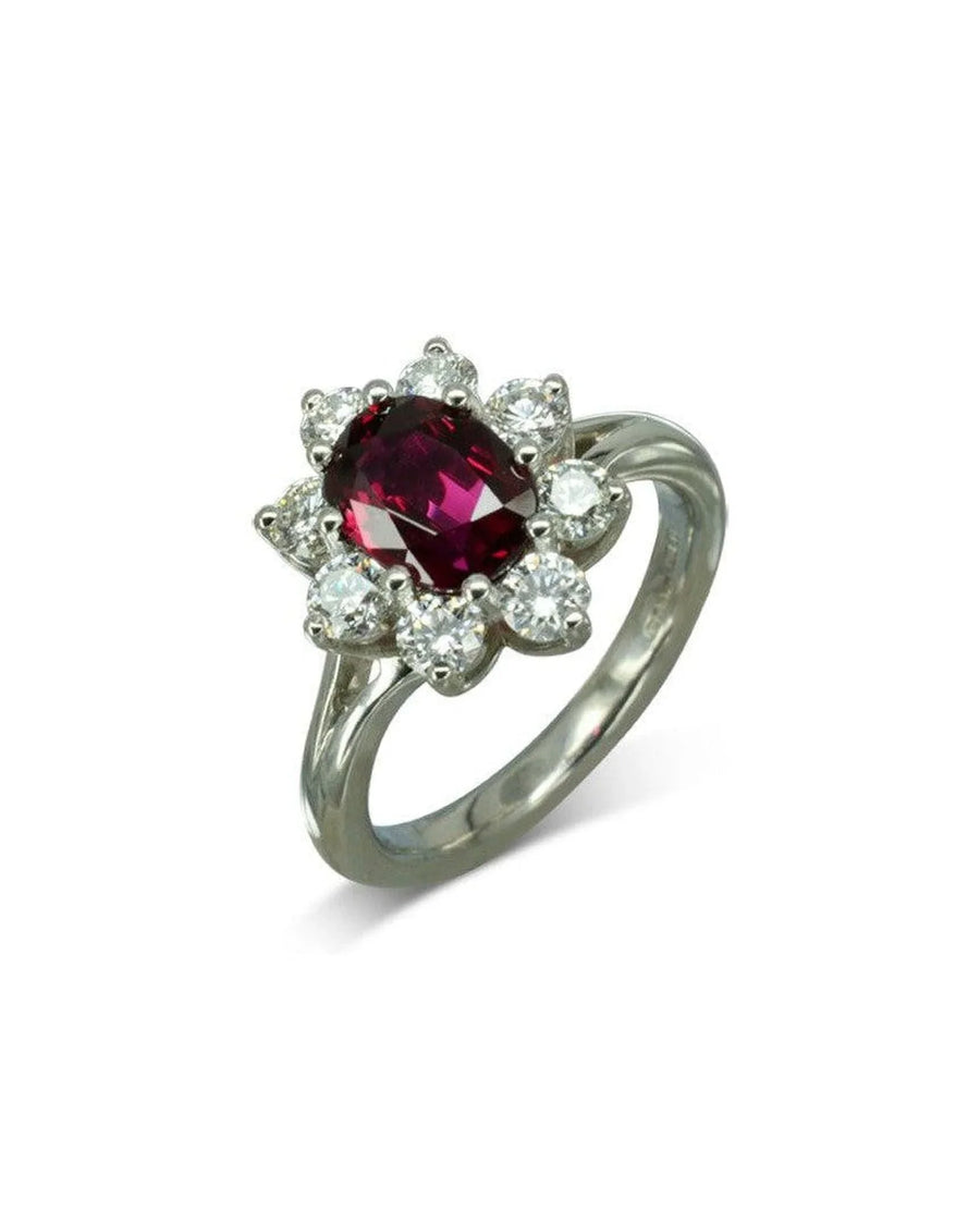 Vintage Platinum Ruby and Diamond Cluster Ring Ring Pruden and Smith 