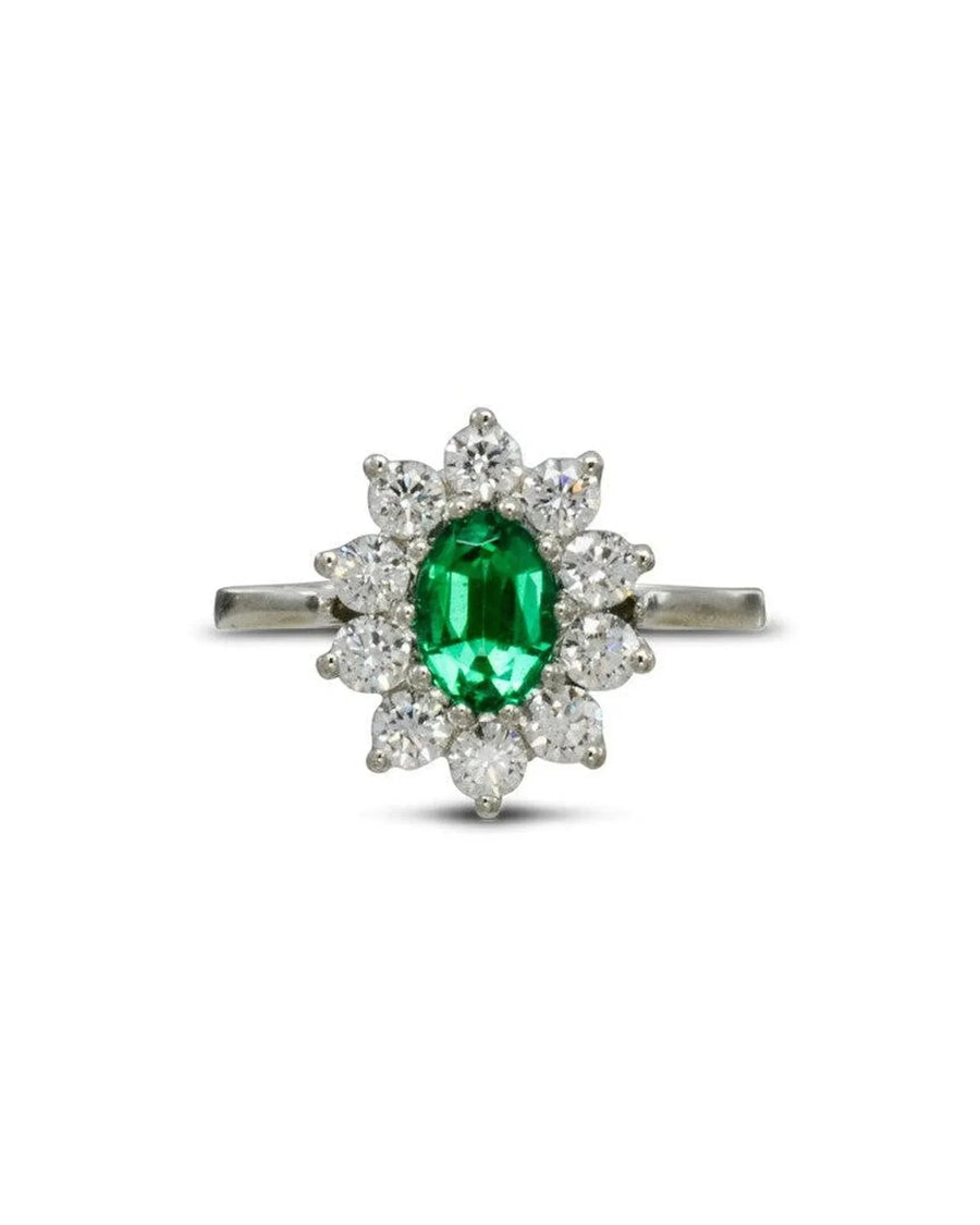 Vintage Platinum Emerald and Diamond Cluster Ring Ring Pruden and Smith 