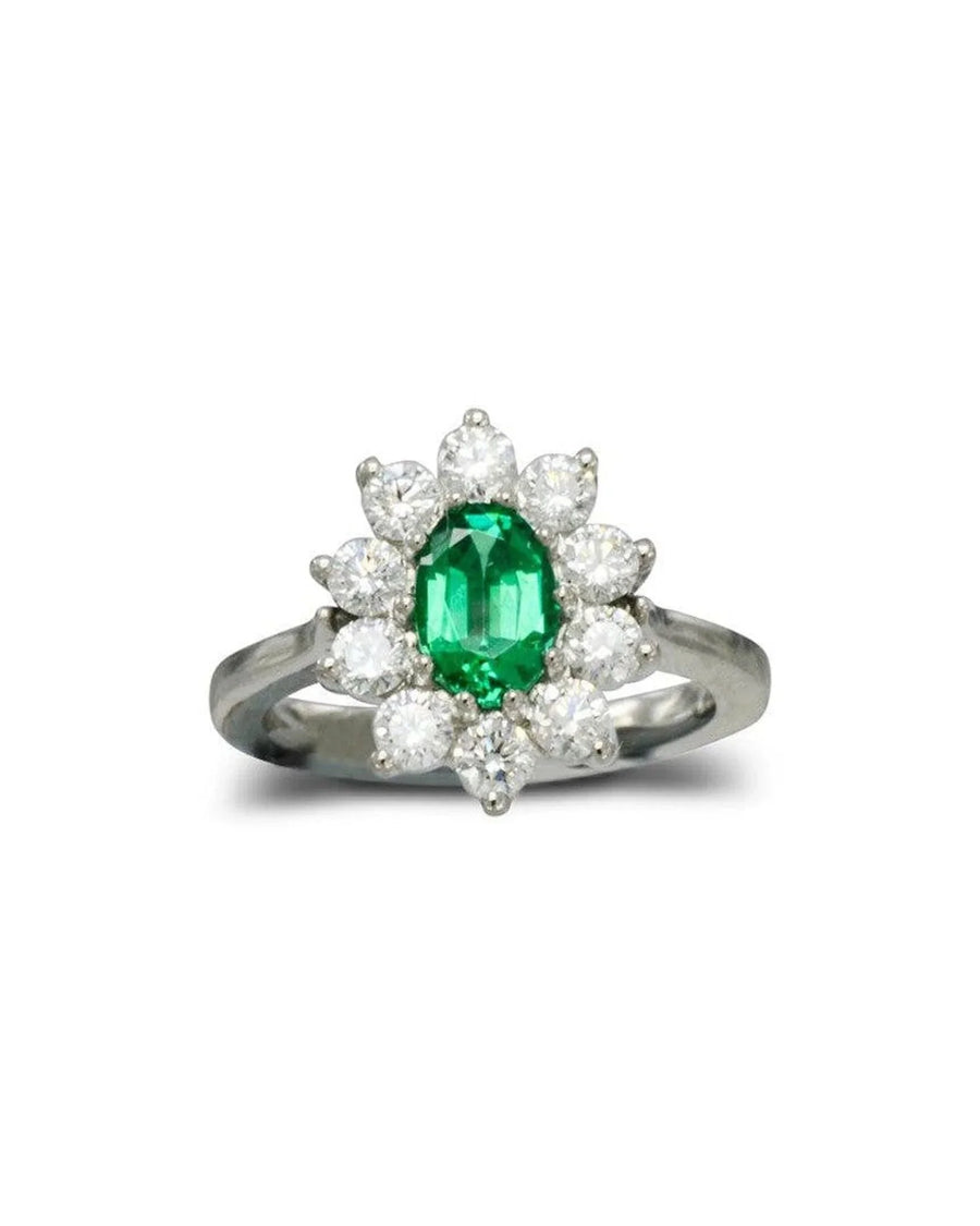 Vintage Platinum Emerald and Diamond Cluster Ring Ring Pruden and Smith