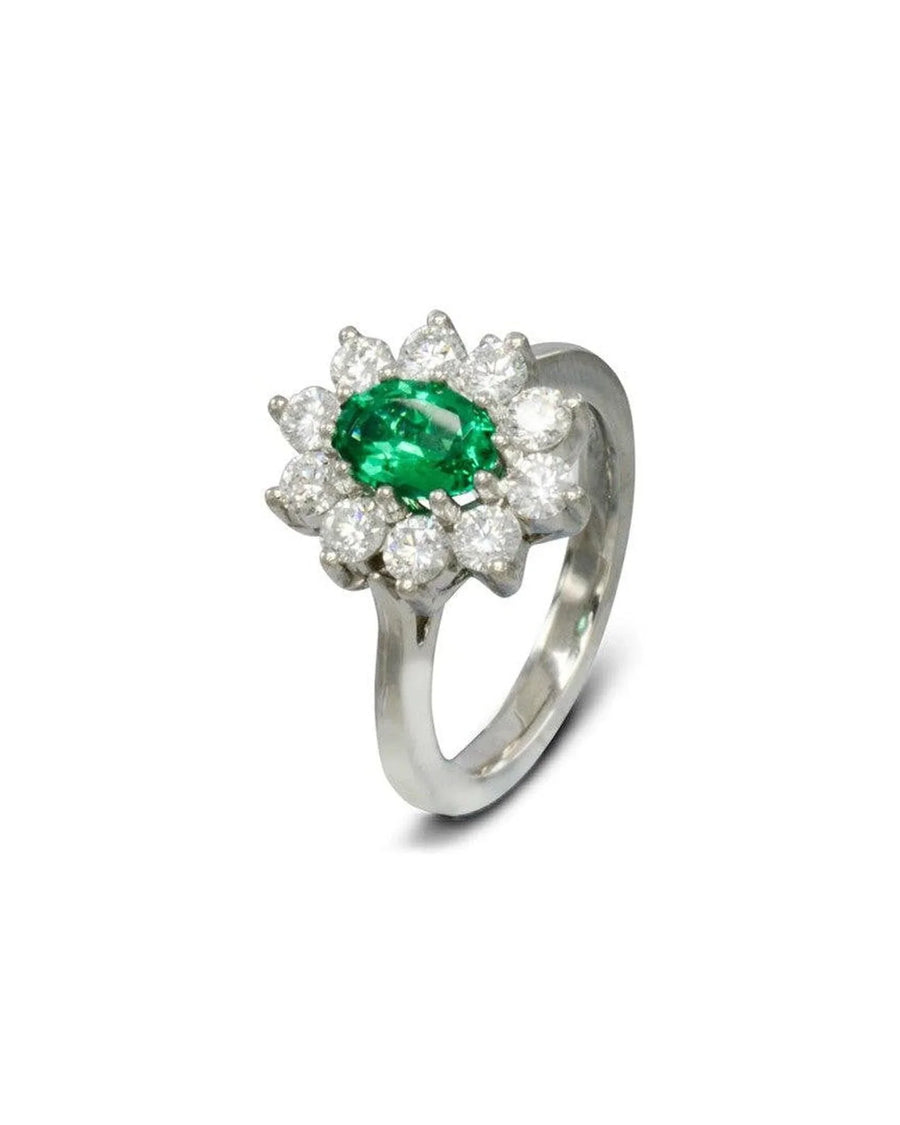 Vintage Platinum Emerald and Diamond Cluster Ring Ring Pruden and Smith