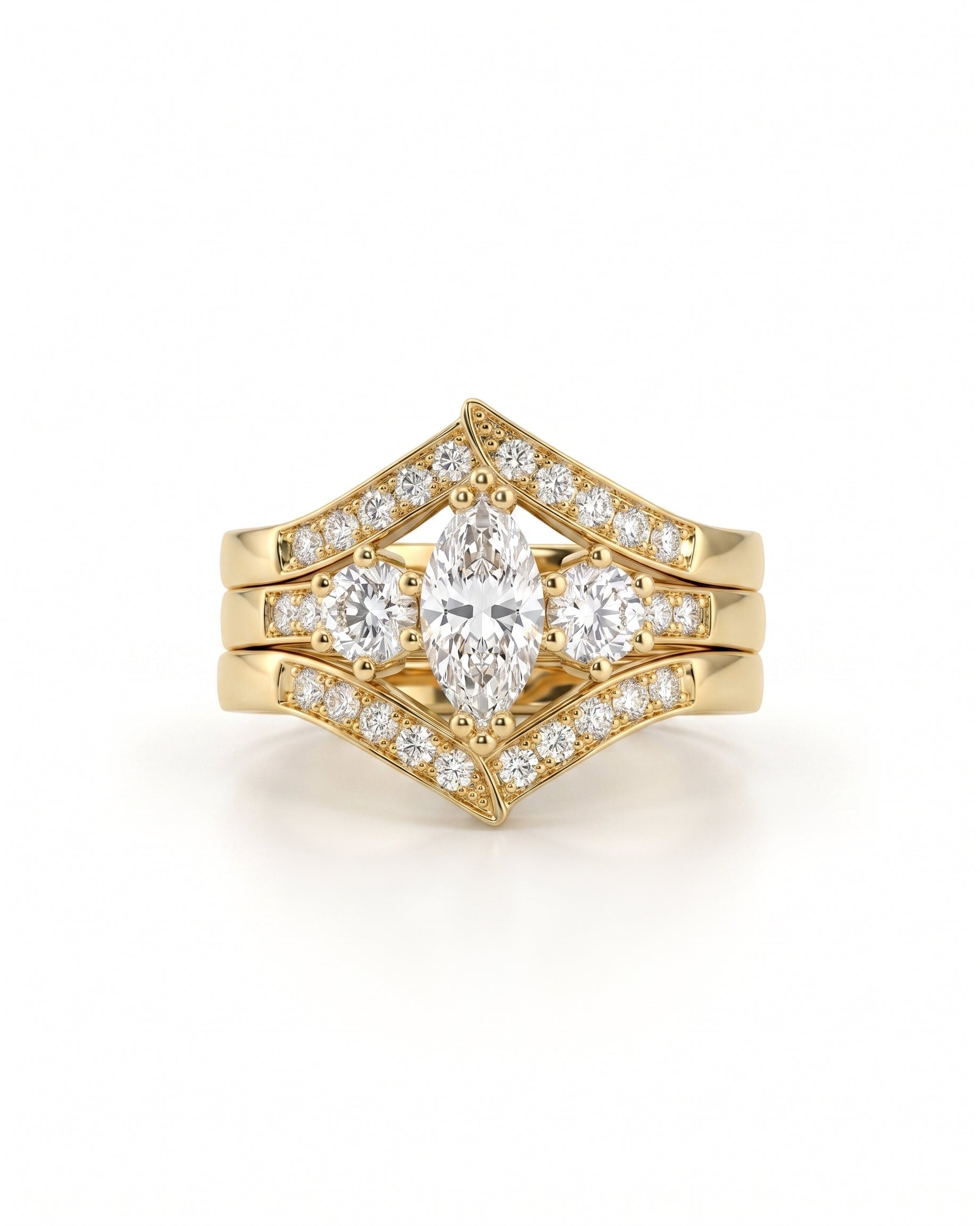 Gold marquise cut diamond engagement wedding ring set with round side stones.