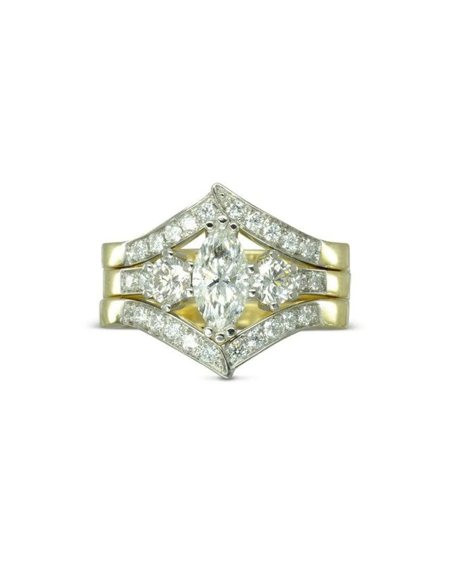 Gold and diamond marquise cut engagement wedding ring set.