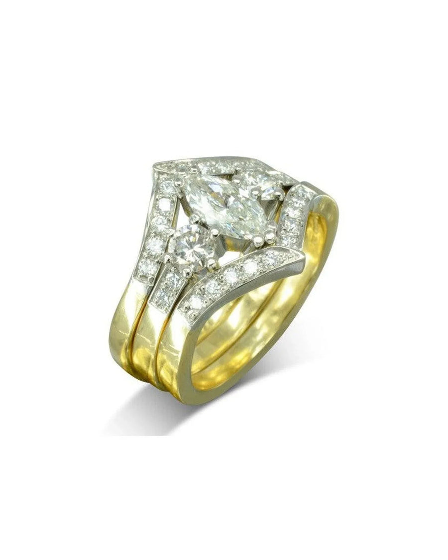 Gold and silver marquise cut diamond engagement wedding ring set.
