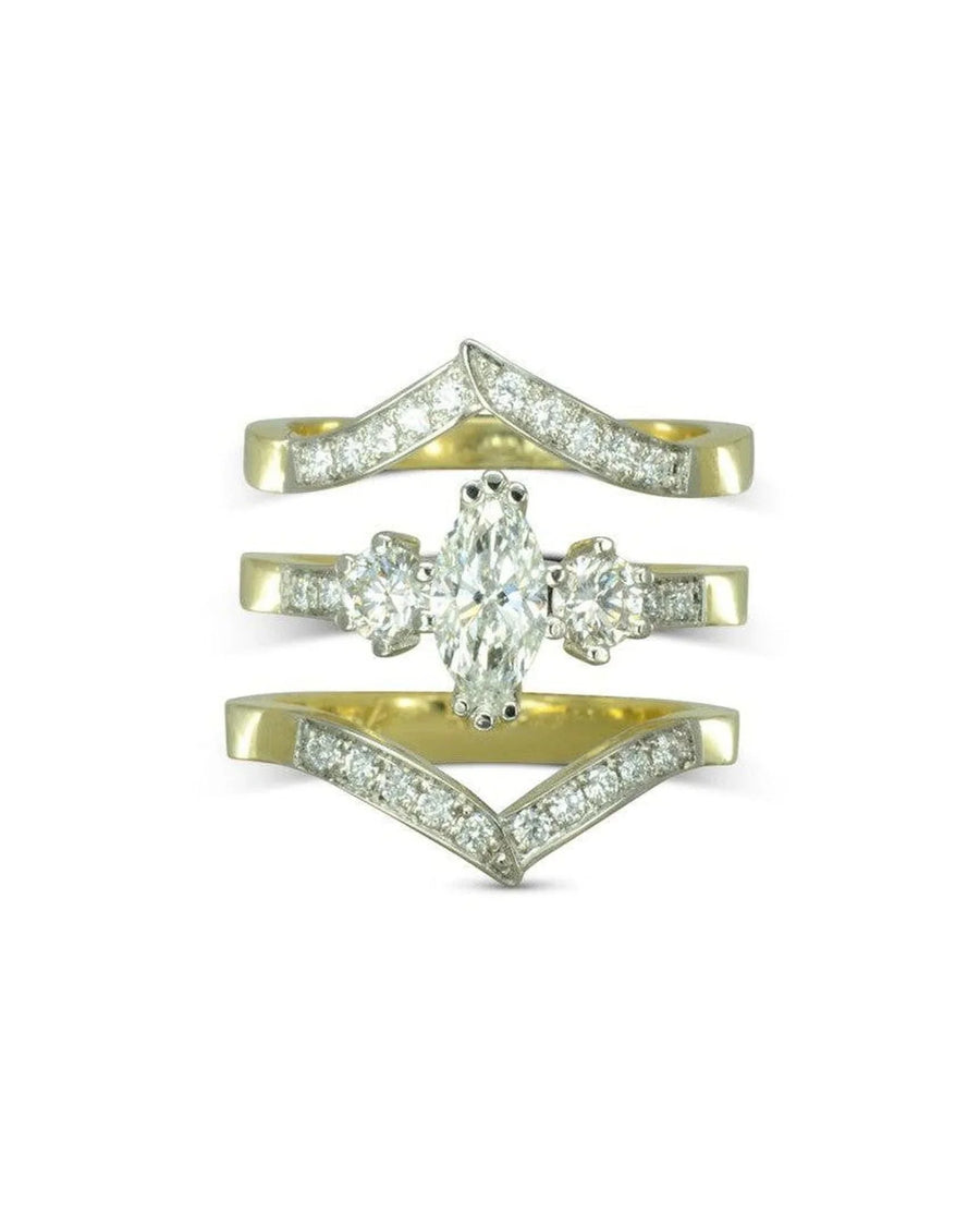 Gold and silver marquise cut diamond engagement wedding ring set.