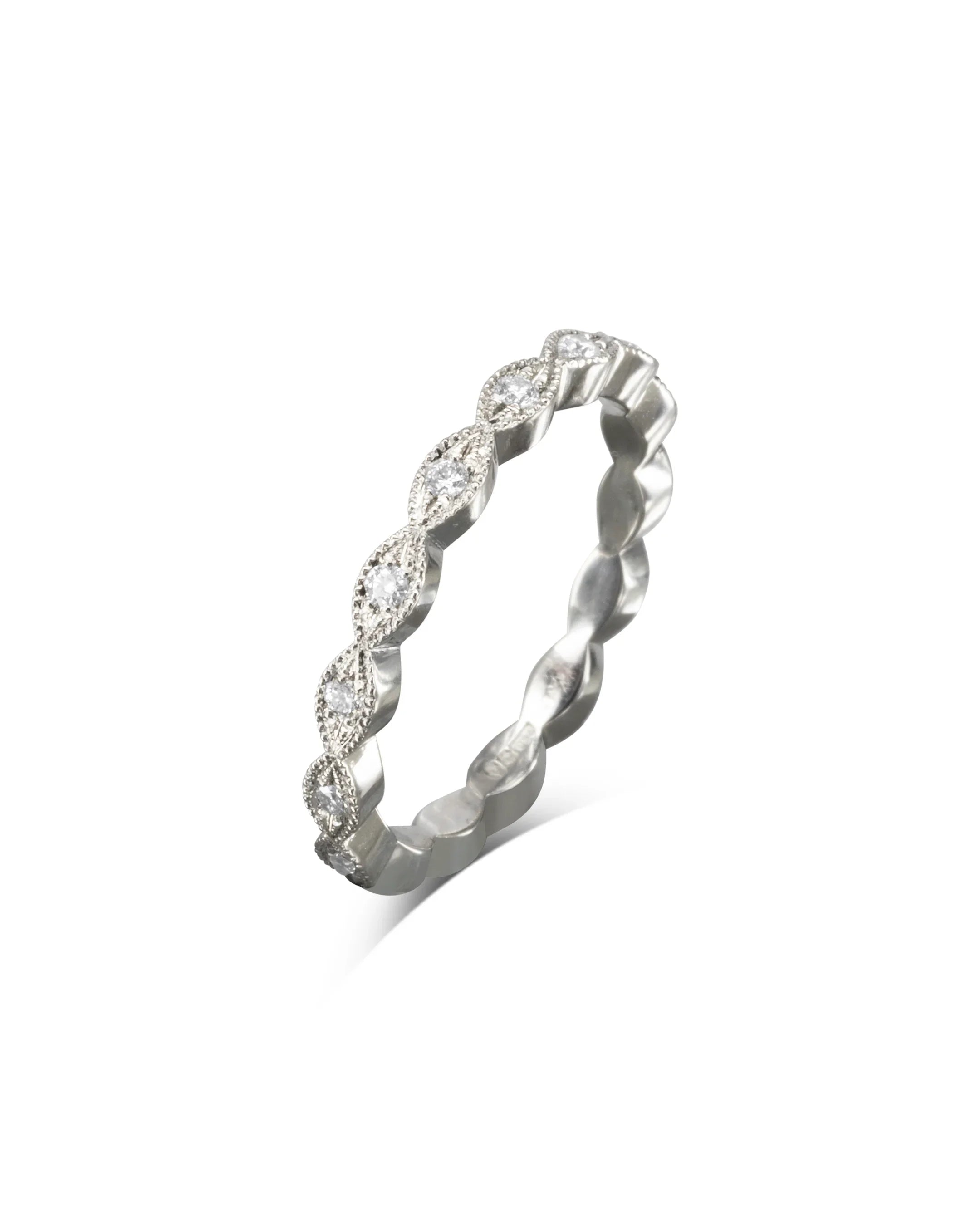 Marquise diamond eternity ring with vintage milgrain detailing in white gold