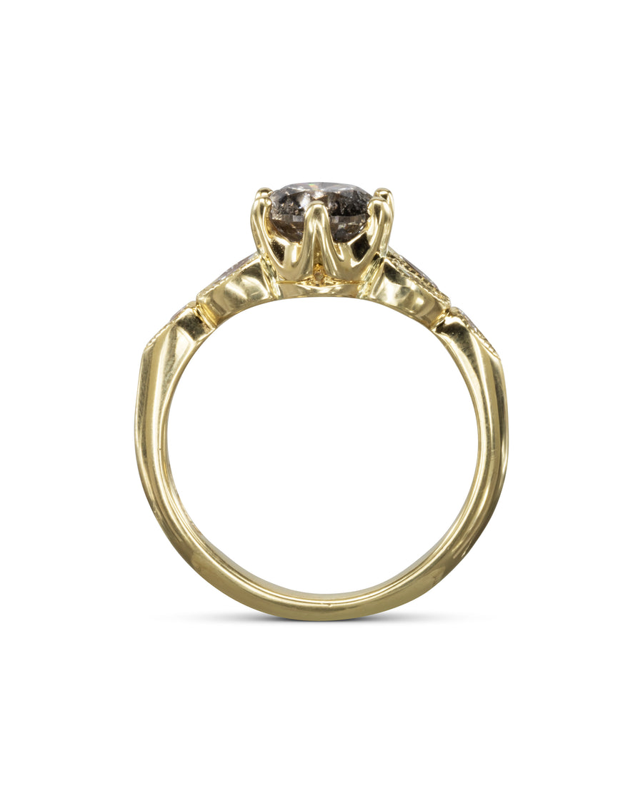 Gold engagement ring with a round salt and pepper diamond and side accents.