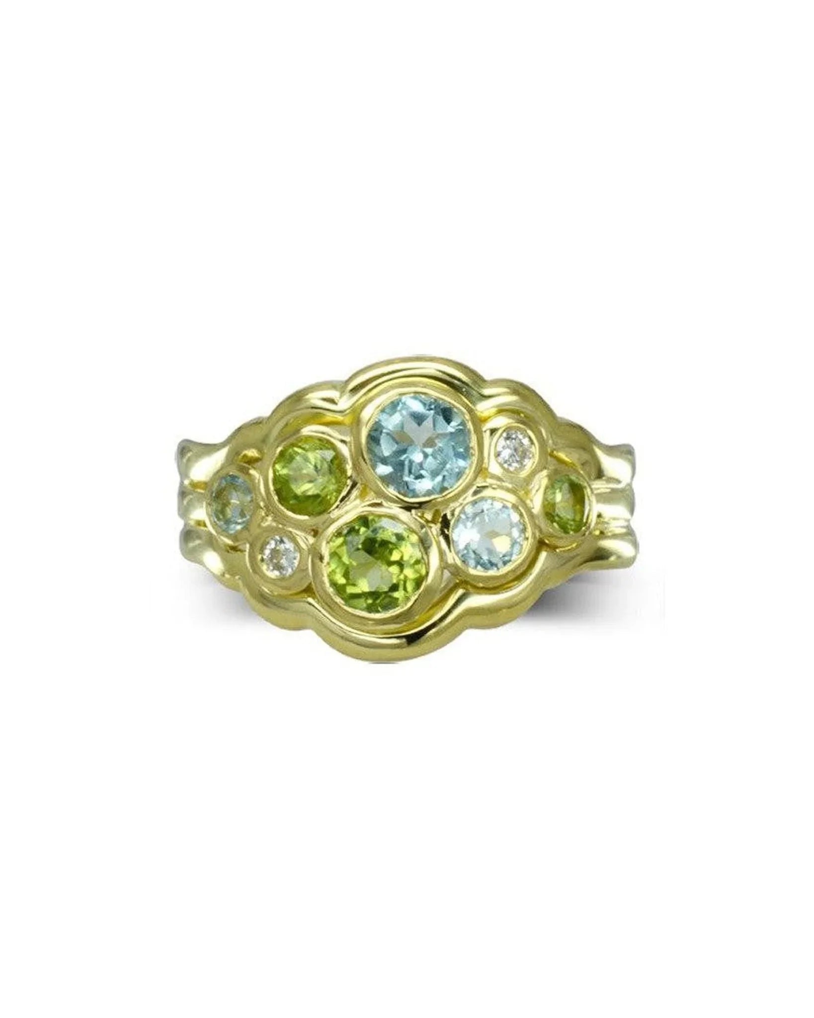 gold ring with aquamarine, peridot, and diamond cluster in organic bubble design