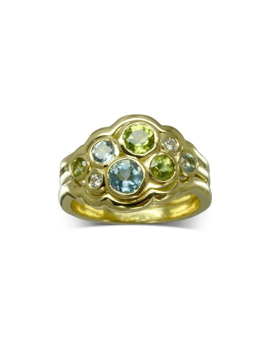 Cluster ring with aquamarine, peridot, and diamond set in textured yellow gold