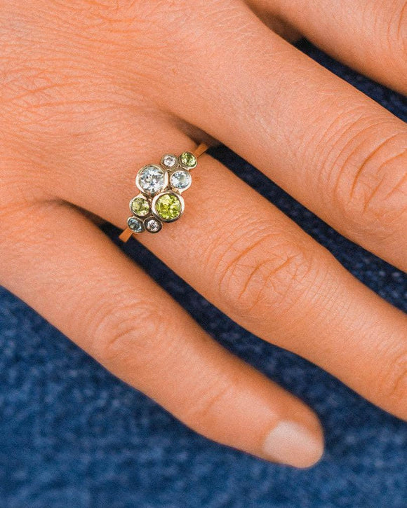 Water Bubbles Aquamarine, Peridot and Diamond Cluster Ring Ring Pruden and Smith