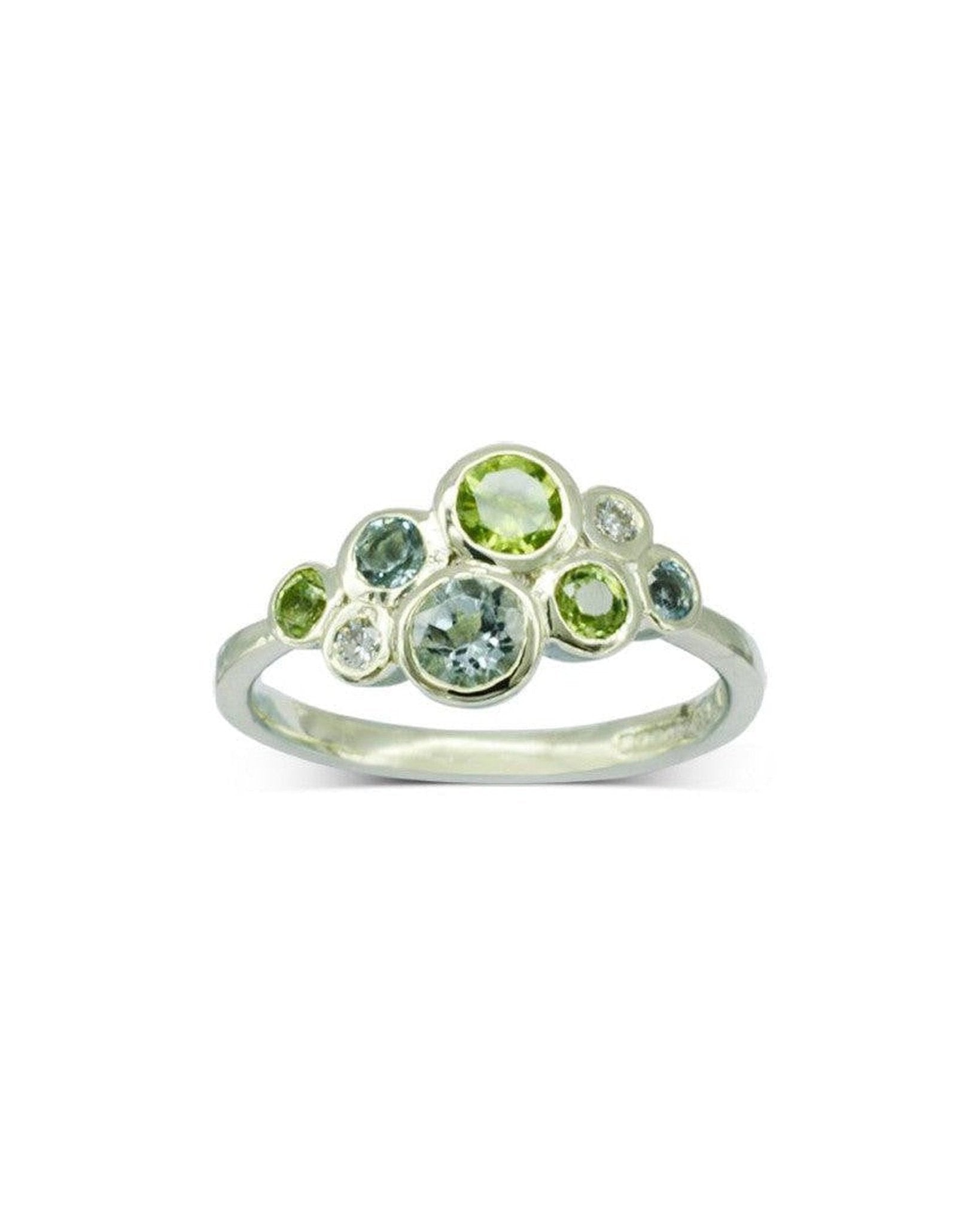 Bubbles Aquamarine, Peridot and Diamond Cluster Ring Pruden and