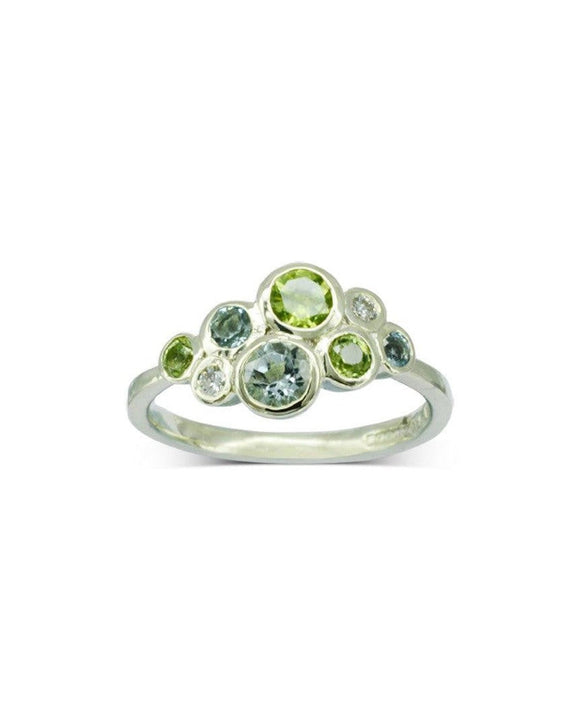 Water Bubbles Aquamarine, Peridot and Diamond Cluster Ring Ring Pruden and Smith