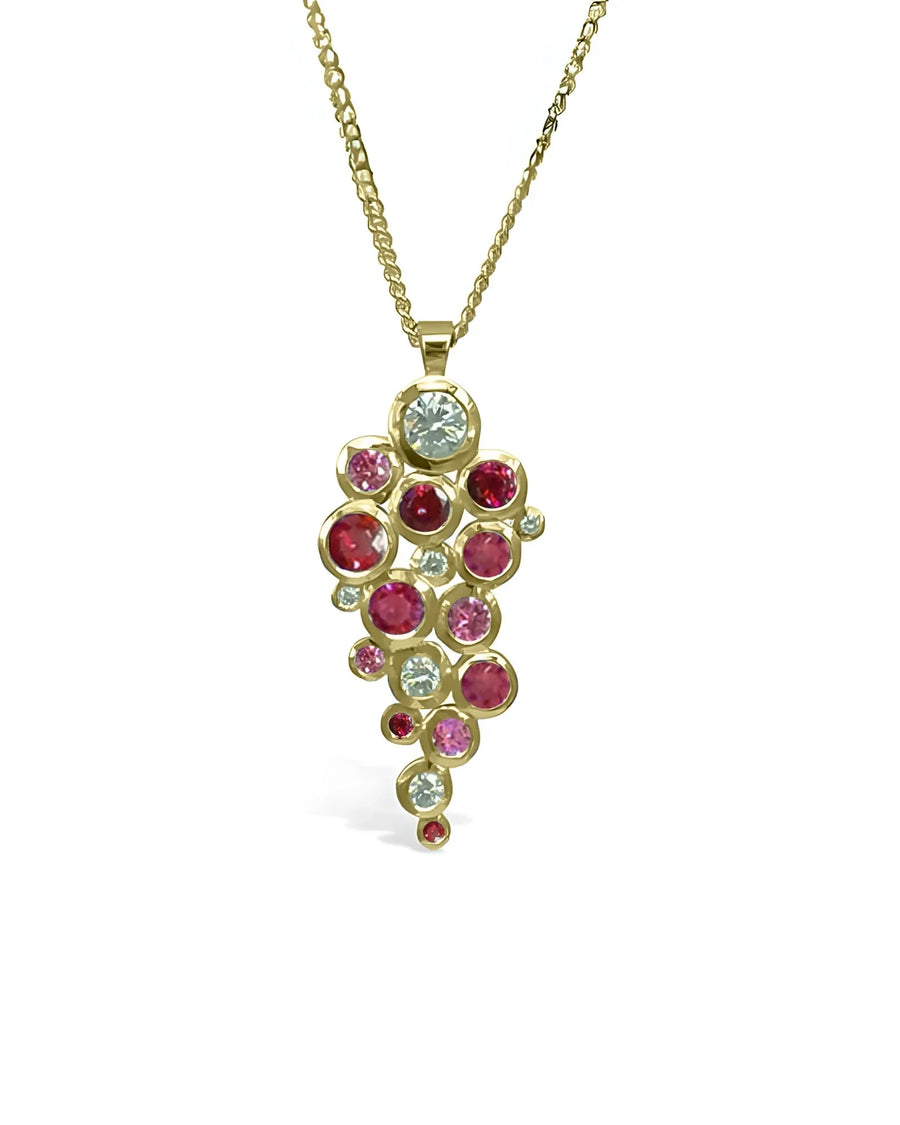 9ct yellow gold pendant with ruby, pink sapphire, and diamond cluster design.