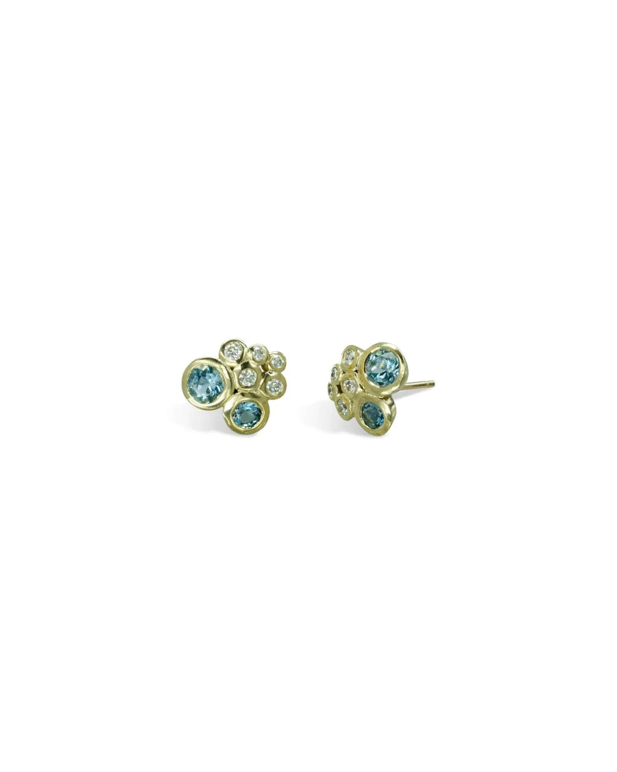 Gold stud earrings with aquamarine and diamond cluster in organic bubble design