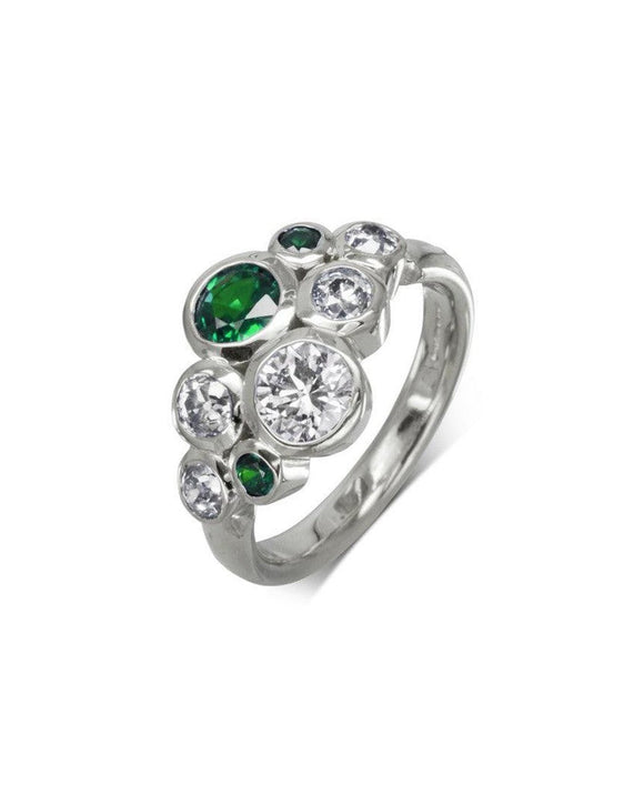Water Bubbles Emerald and Diamond Cluster Ring Ring Pruden and Smith Platinum