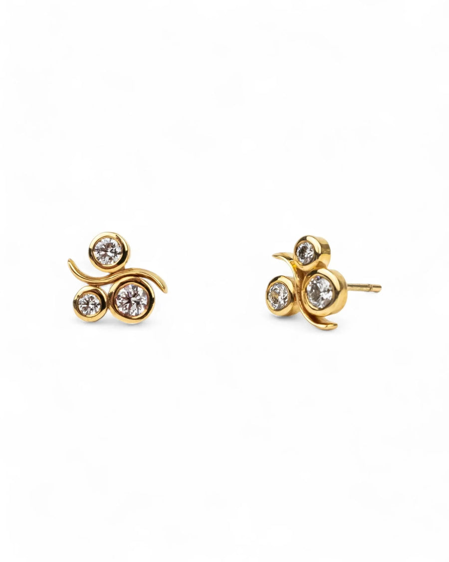 Yellow gold stud earrings with organic water bubble design and sparkling diamonds