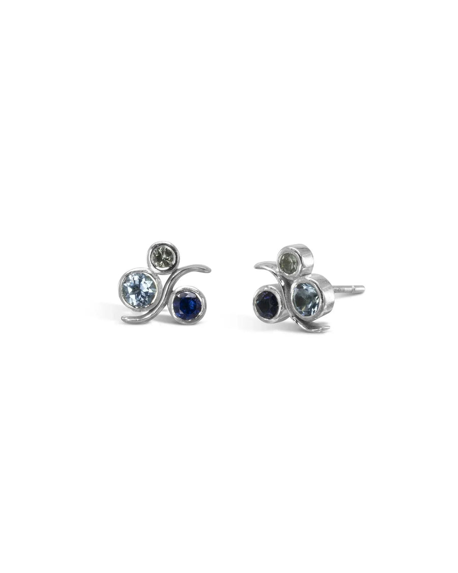 White gold stud earrings with blue sapphires and aquamarine gemstones in bubble design