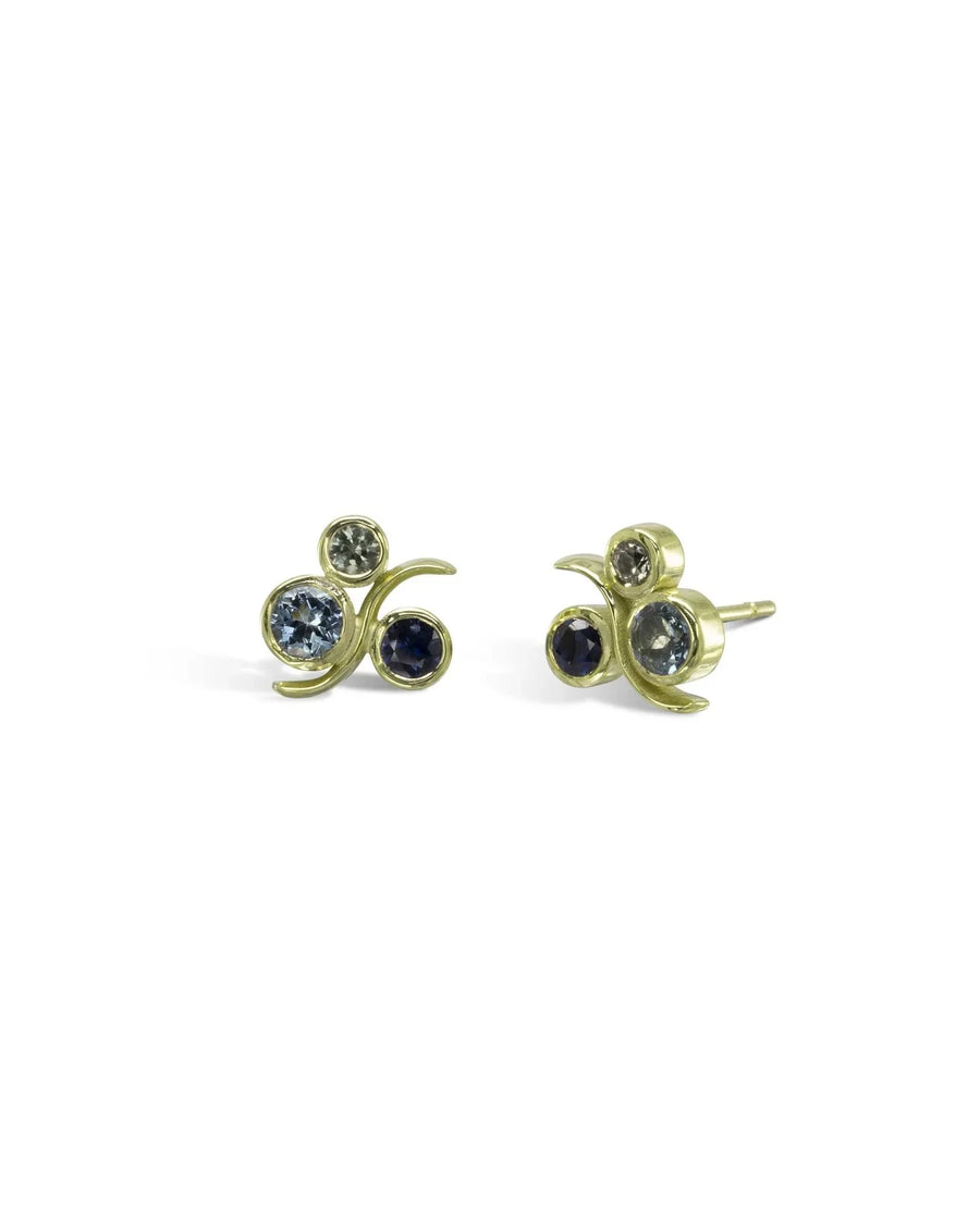 Yellow gold stud earrings with blue and gold sapphires in bubble design