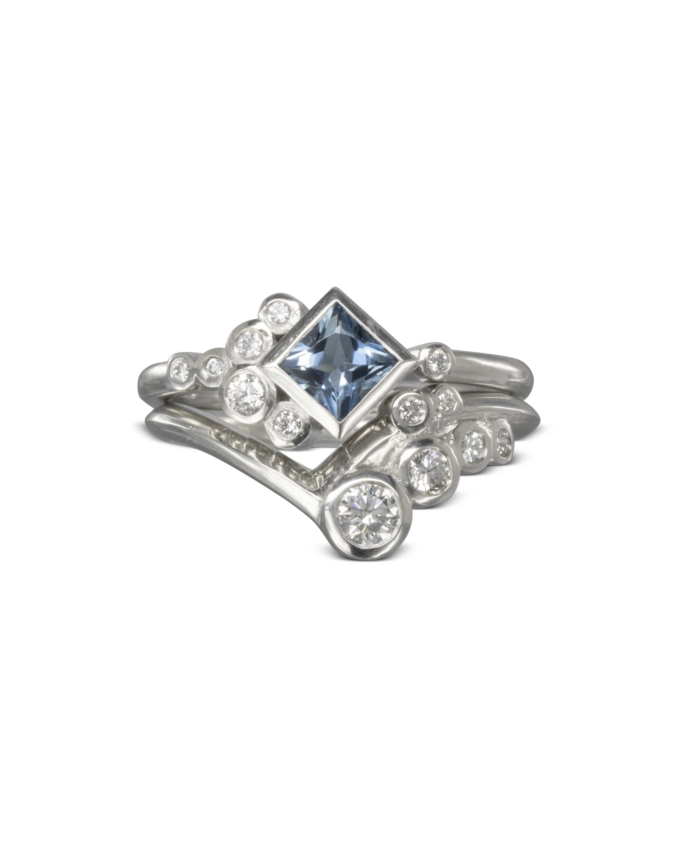 Water Bubbles Square Aquamarine and Diamond Ring Set Ring Pruden and Smith