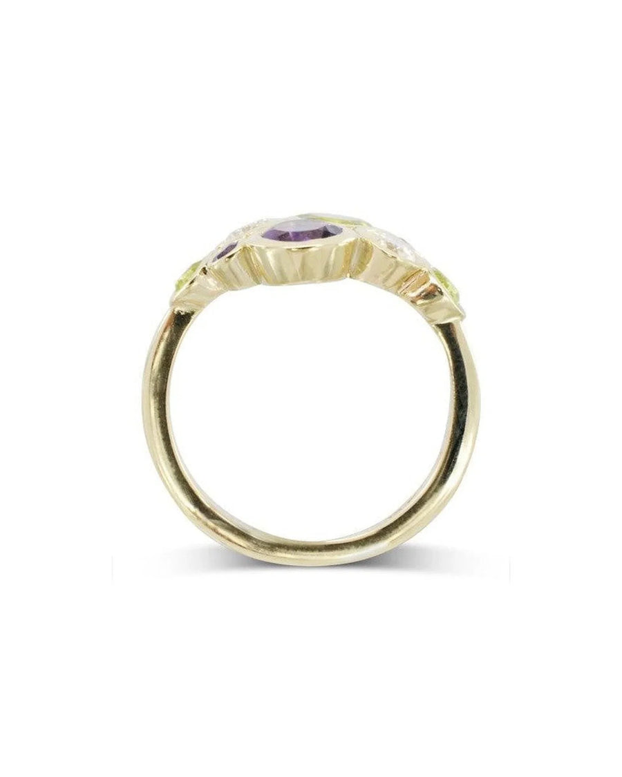 9ct yellow gold ring with purple and green gemstones.