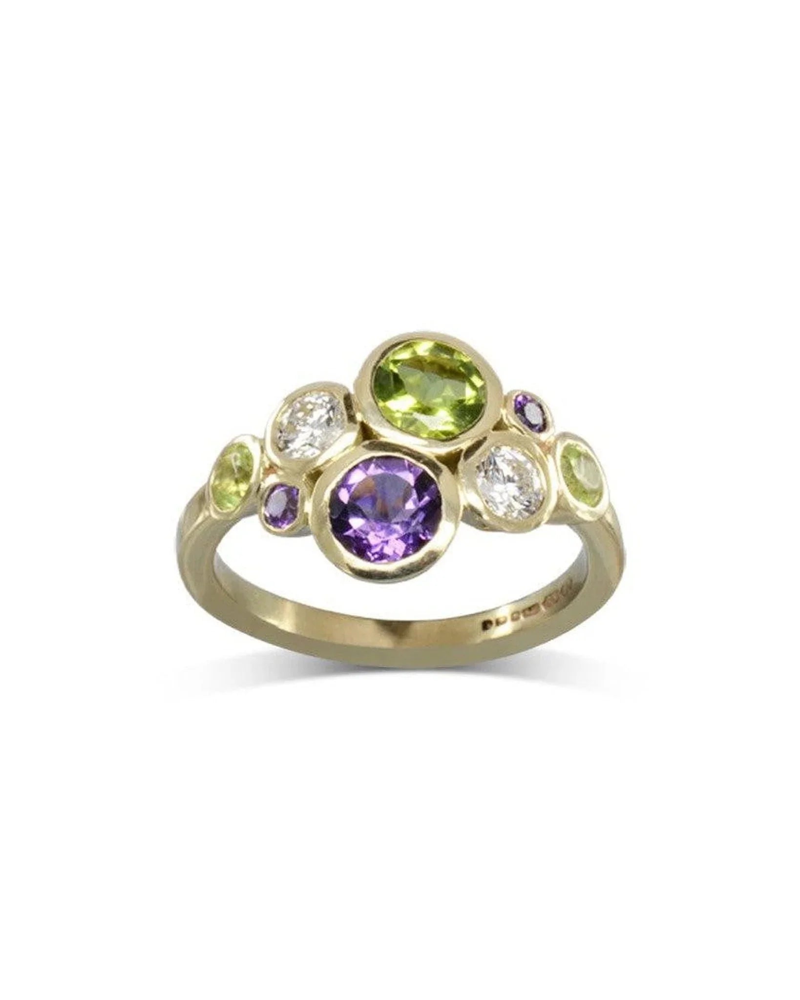 9ct yellow gold ring with peridot, amethyst, and white gemstones in a bubble design.