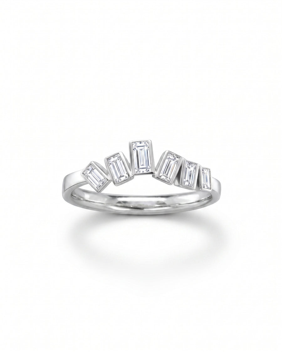 Silver wave baguette diamond curved fit ring.