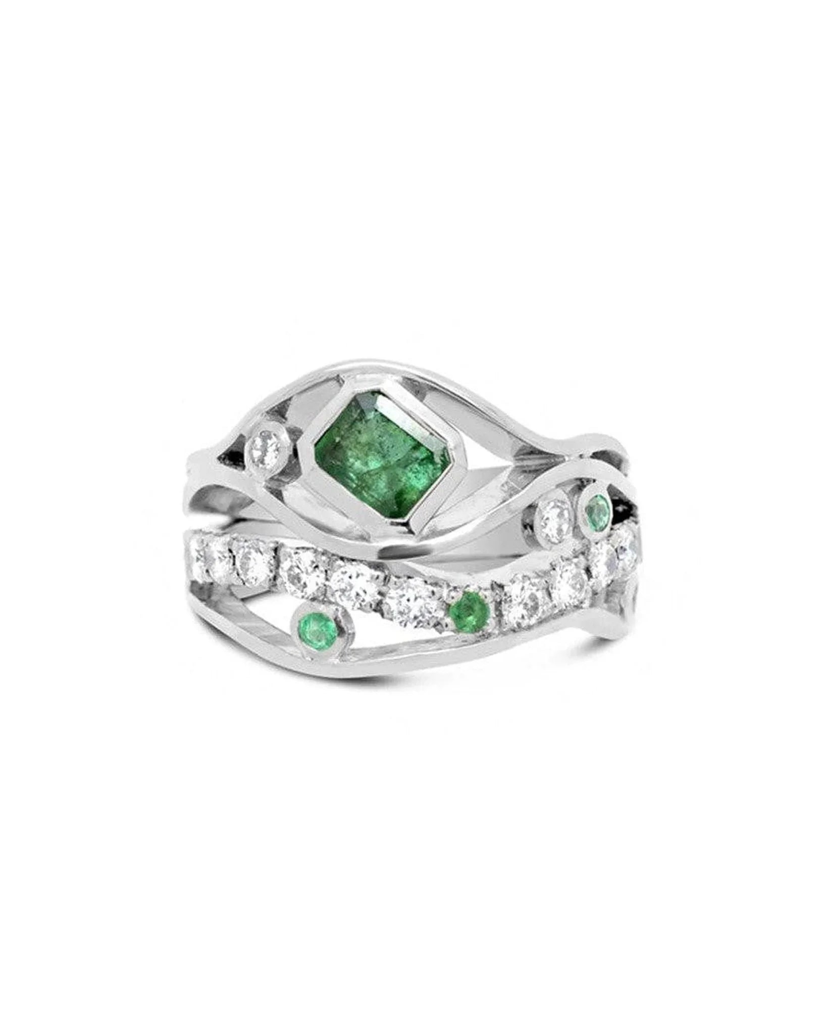 Wave Emerald Platinum Pavé Diamond Ring Ring Pruden and Smith