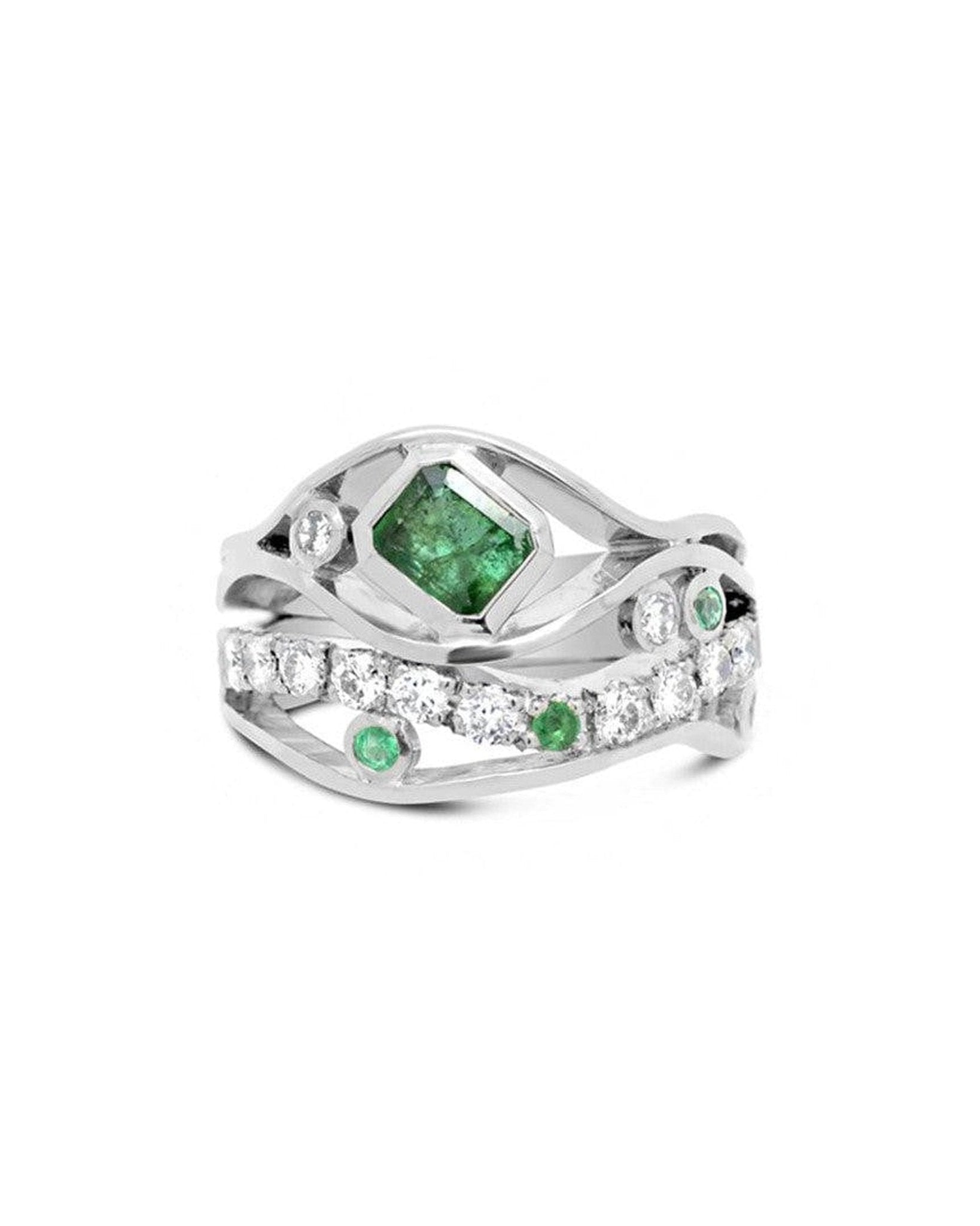 Wave Emerald Platinum Pavé Diamond Ring Ring Pruden and Smith