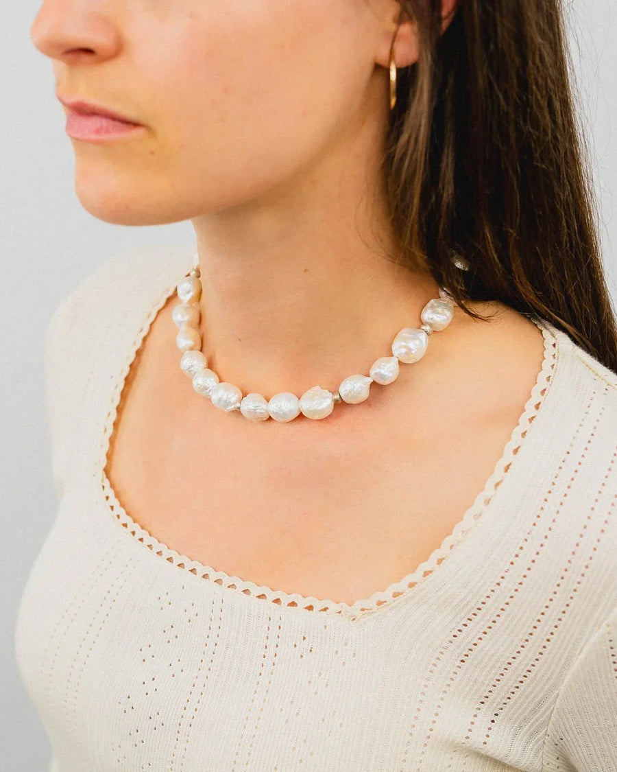 White Baroque Pearl with Gold Nuggets Necklace Necklace Pruden and Smith on Model
