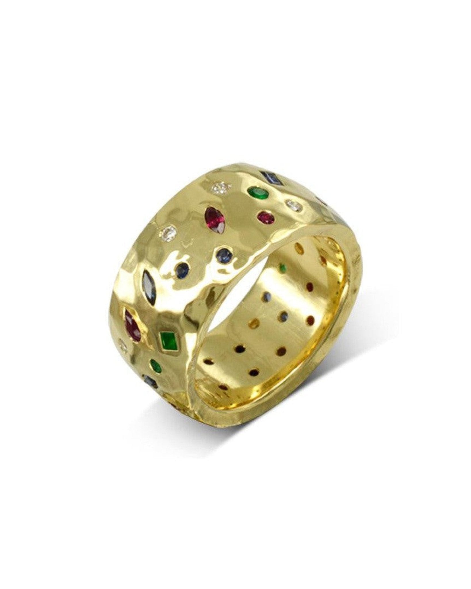 Wide Hammered Gold Sapphire Emerald Ruby Diamond Scatter Ring Ring Pruden and Smith 18ct Rose Gold