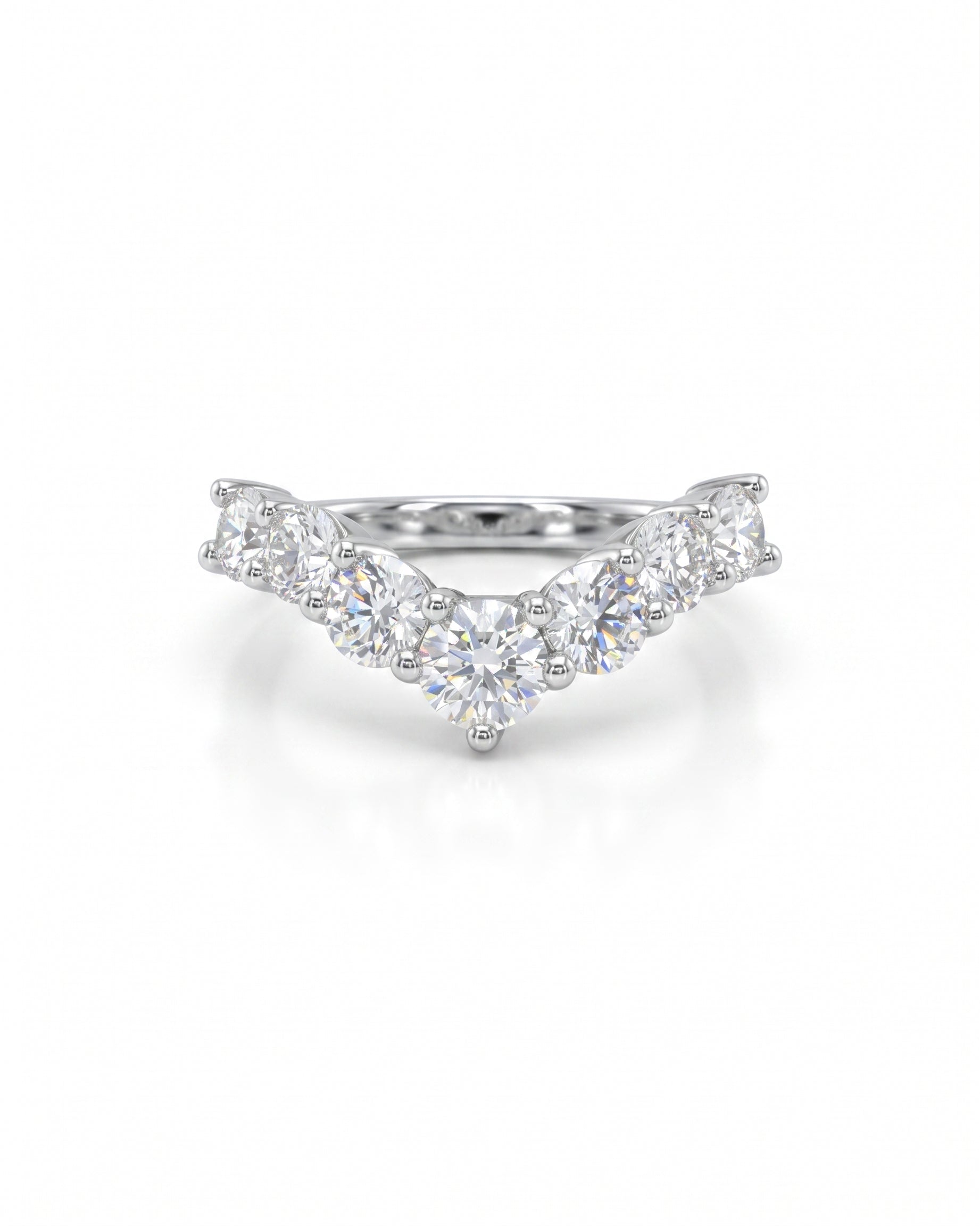 Silver wishbone fitted ring with seven round diamonds.